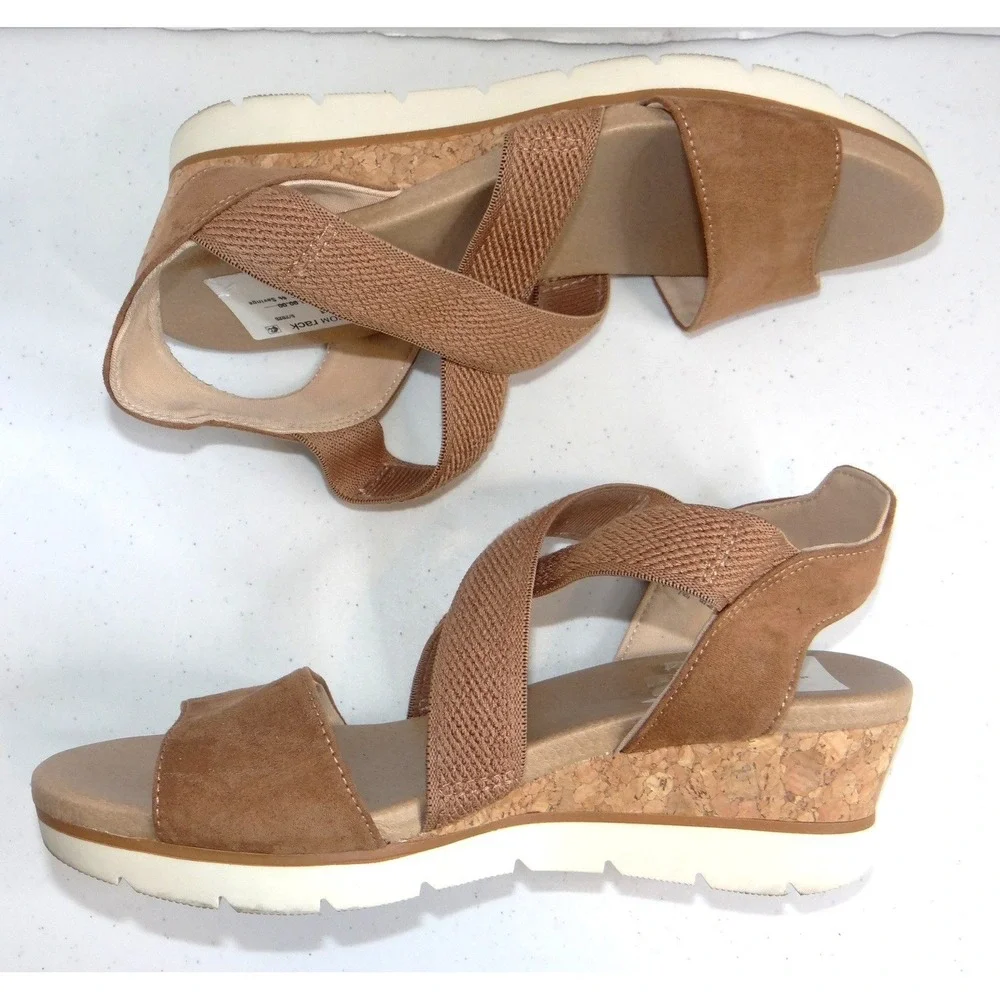 Just Cute Brown Cork Wedge Elastic Strap‎ Sandals Mens 6 Womens 8